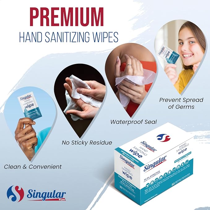 Hand Sanitizing Wipes Travel Size by Singular Wipes – 24ct Individually Wrapped | Fresh Citrus Scent, Moisturizing, 70% Alcohol Wipes | Travel, Office, School, Home | Made in USA