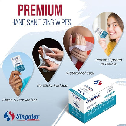Hand Sanitizing Wipes Travel Size by Singular Wipes – 24ct Individually Wrapped | Fresh Citrus Scent, Moisturizing, 70% Alcohol Wipes | Travel, Office, School, Home | Made in USA