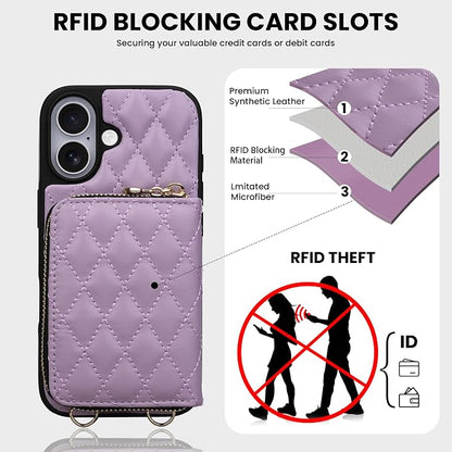 Keallce Case for iPhone 17 6.3'' Wallet Case, Crossbody Zipper Purse with Wrist Strap Lanyard Handbag, RFID Blocking Card Holders, Kickstand Flip Leather Cover for iPhone 17, Purple