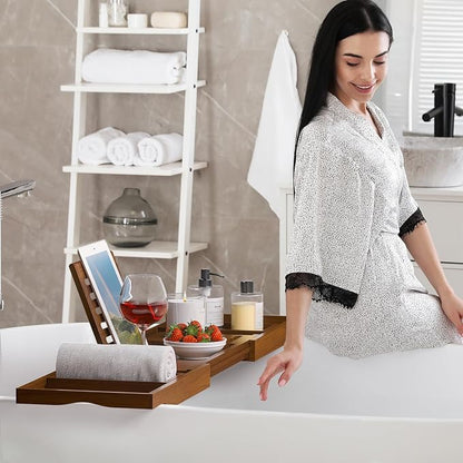 Kiasthome Teak Bathtub Caddy, Expandable Bath Tray, Non‑Slip Luxury Tub Caddy with Wine Phone Tablet Holder, Wooden Bath Accessory for Home Spa and Gift