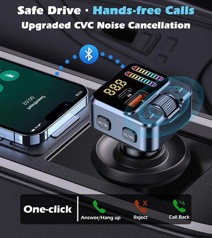 Bluetooth 5.3 Car Adapter with FM Transmitter & 42W PD Fast Charging, Wireless AUX/USB Music Receiver, Hands-Free Calls, Beat Sync LED Lights for Car Stereo, Compatible with All 12V-24V Vehicles
