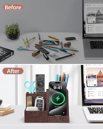Wireless Charger with Desk Organizer, Pen Pencil Holder, Multifunctional Desktop Organizer, Office Supplies and Desk Accessories Organizer with 3 Compartments and 1 Phone Stand, Dark Brown