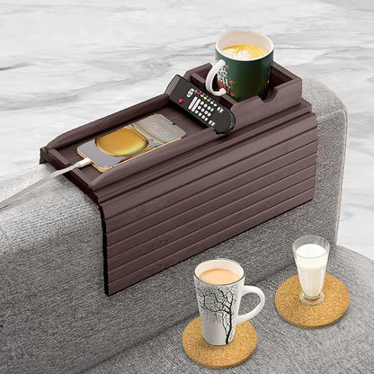 Couch Cup Holder Tray with 2 Cork Coasters, Couch Caddy, Anti-Slip Foldable Armrest Sofa Tray, Couch Armrest Table, Anti-Spill Holder for Remote, Snacks, Cellphone - Ideal Gift (Walnut)