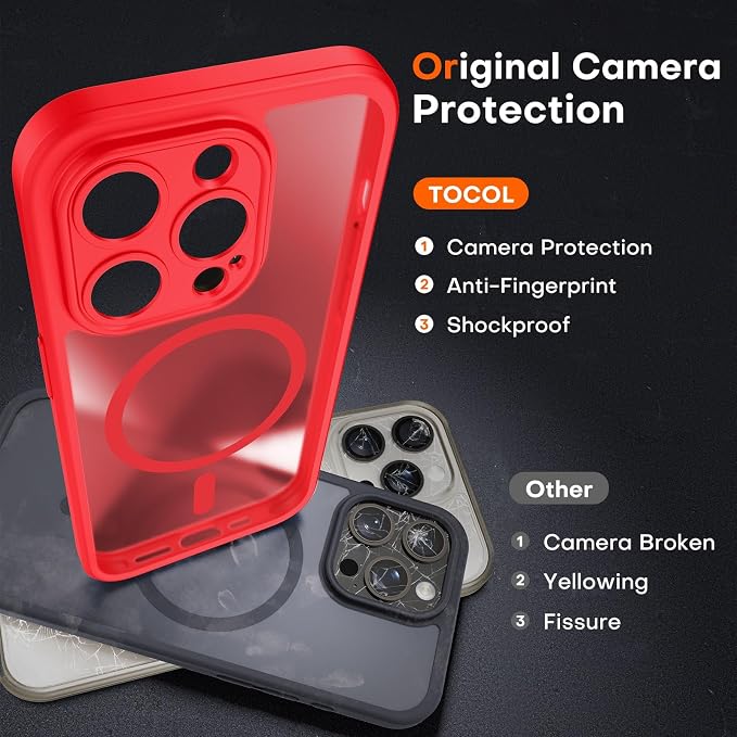 TOCOL for Phone 15 Pro Case, Compatible with Magsafe Charger, Full Camera Protection, Drop Protection, Translucent Matte Phone Case for iPhone 15 Pro 6.1 inch (Red)