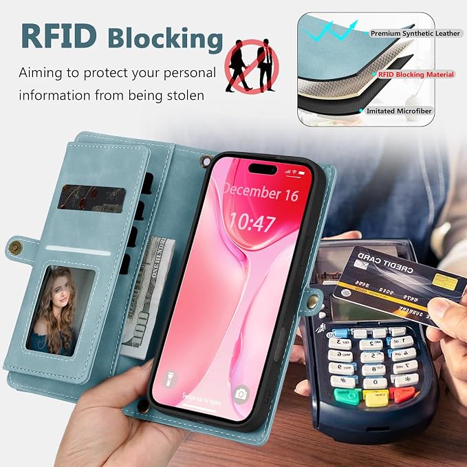 Wallet Case for iPhone 15 Plus with Card Holder/Crossbody Wallet/Strap| RFID Blocking | Magnetic | Kickstand | Detachable | PU Leather Phone Case for iPhone 15 Plus,6.7 in,Blue