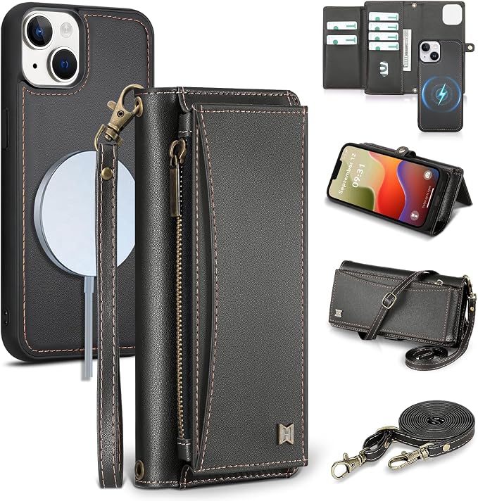 Wallet Case for iPhone 14 Plus with Card Holder/Crossbody Wallet/Strap| RFID Blocking | Magnetic | Kickstand | Detachable | PU Leather Phone Case for iPhone 14 Plus,6.7 in,Black