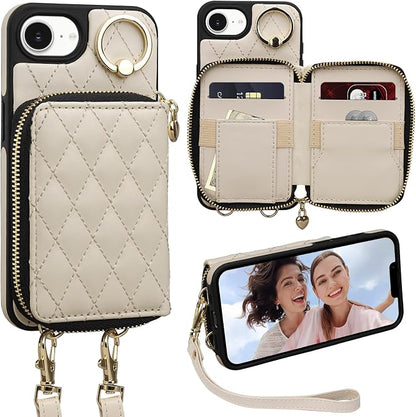 Keallce for iPhone 17e 6.1'' Wallet Case, Crossbody Zipper Purse with Wristlet for Women, RFID Blocking Card Holders, 360° Ring Kickstand Flip Leather Case for iPhone 16e 2025 2026 Beige
