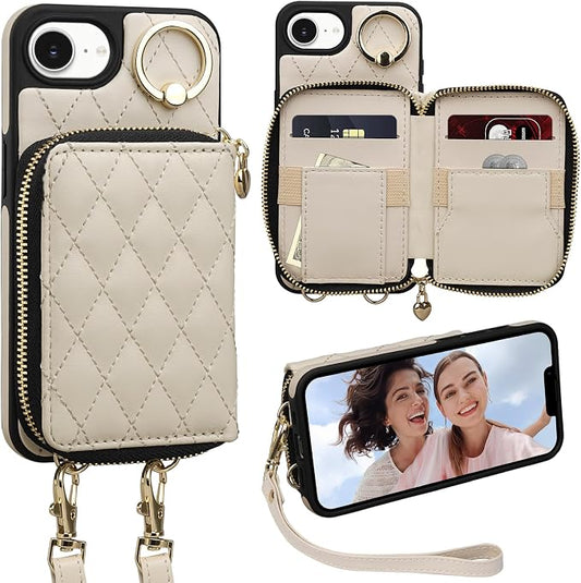 Keallce for iPhone 17e 6.1'' Wallet Case, Crossbody Zipper Purse with Wristlet for Women, RFID Blocking Card Holders, 360° Ring Kickstand Flip Leather Case for iPhone 16e 2025 2026 Beige