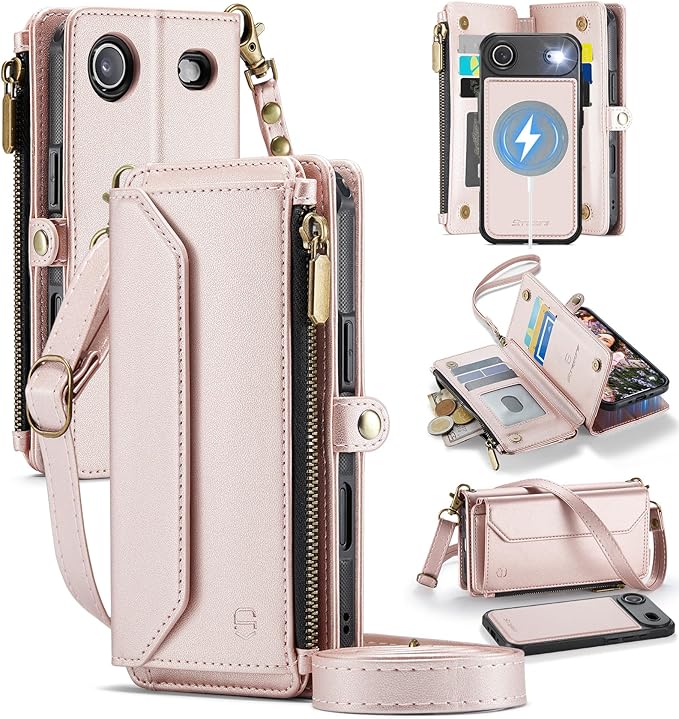 Strapurs for iPhone Air Detachable Wallet Case Compatible with Magsafe for Women, RFID Blocking 9-Card Holder Zipper Strap Lanyard PU Leather Magnetic Phone Case for iPhone 17 Air 6.5", Rose Gold