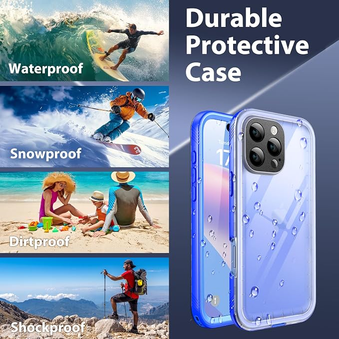 SPORTLINK for iPhone 16 Pro Max Case with Screen Protector,IP68 Underwater/6.6FT Military Dropproof/Dustproof/Heavy Duty Full Body Phone Case for Apple iPhone 16 Pro Max 6.9 inch Blue/Frosted Clear