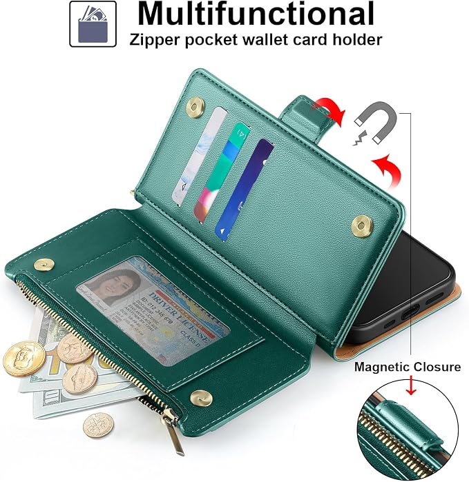 Antsturdy Compatible with iPhone 17 Pro Wallet Case Women,RFID Blocking PU Leather Phone Case Men Kickstand Flip Cover Wrist Strap Zipper Credit Card Holder Slots for Apple 17 Pro 6.3",Green