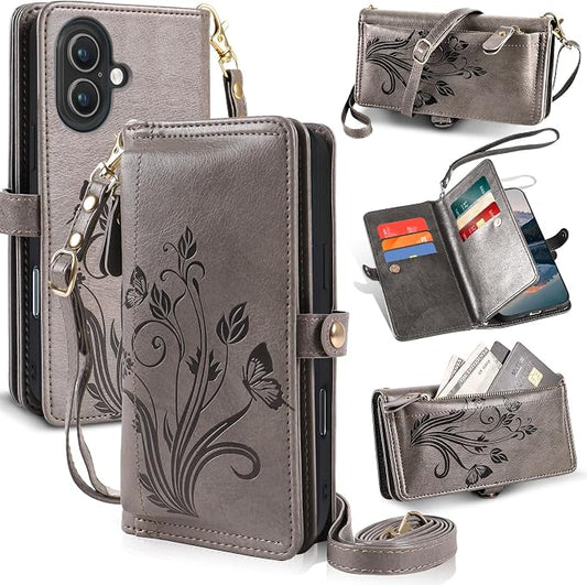 Lacass for iPhone 16 Case Wallet,[Cards Theft Scan Protection] Card Holder Zipper Leather Flip Cover Crossbody Wrist Strap with Stand (Floral Gray)