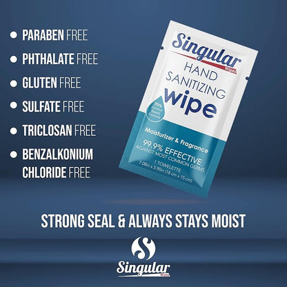 Hand Sanitizing Wipes Travel Size by Singular Wipes – 24ct Individually Wrapped | Fresh Citrus Scent, Moisturizing, 70% Alcohol Wipes | Travel, Office, School, Home | Made in USA