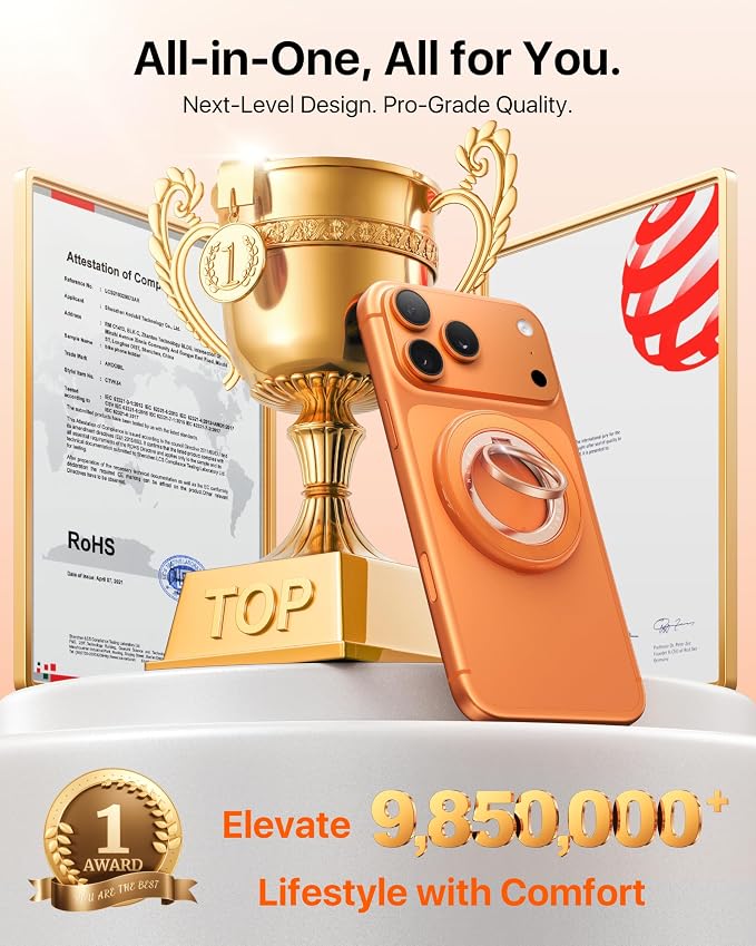 andobil [2026 3rd Gen] Magnetic Phone Grip for MagSafe [Sability Max] Stronger Two-Sided Magnet Cell Phone Ring Holder Compatible with MagSafe Accessories, iPhone 17 Pro Max Air 16 15 14 13 12, Orange