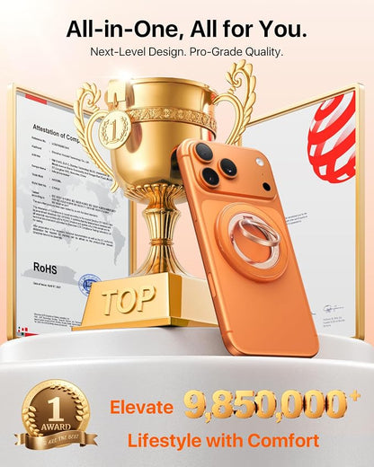 andobil [2026 3rd Gen] Magnetic Phone Grip for MagSafe [Sability Max] Stronger Two-Sided Magnet Cell Phone Ring Holder Compatible with MagSafe Accessories, iPhone 17 Pro Max Air 16 15 14 13 12, Orange