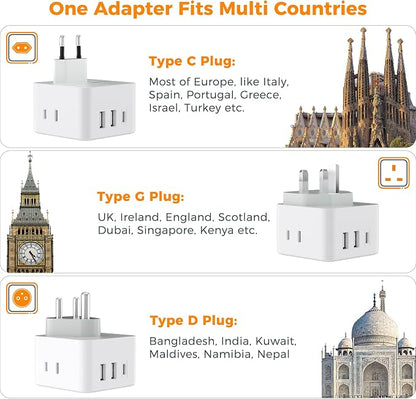 TESSAN European UK India Travel Plug Adapter Kit | International Detachable, 3 Outlet 3 USB (1 USB C), Type C/G/D EU Power Adaptor