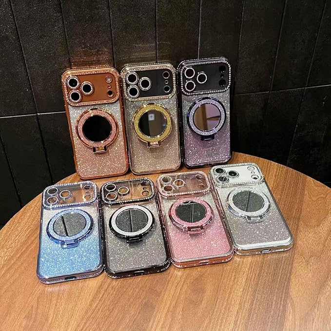 for iPhone 17 Pro Magnetic KickStand, [Compatible with Magsafe] Shockproof Glitter Makeup Mirror Ring Holder Camera Protector Girls Woman Cute Bling Phone Cover for iPhone 17 Pro 6.3", Orange