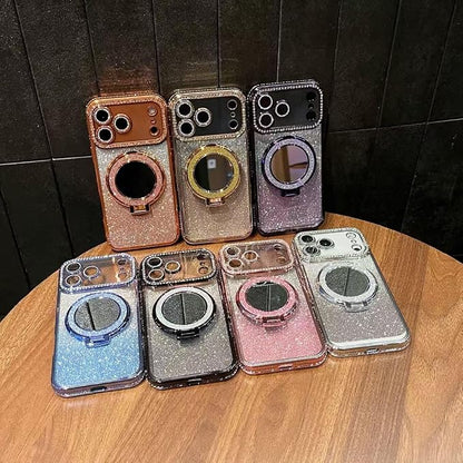 for iPhone 17 Pro Magnetic KickStand, [Compatible with Magsafe] Shockproof Glitter Makeup Mirror Ring Holder Camera Protector Girls Woman Cute Bling Phone Cover for iPhone 17 Pro 6.3", Orange