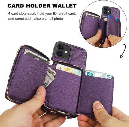 Bocasal Crossbody Wallet Case for iPhone 12/12 Pro, RFID Blocking PU Leather Zipper Handbag Purse Flip Cover, Kickstand Folio Case with Card Slots Holder Wrist Strap Lanyard 5G 6.1 Inch (Dark Purple)