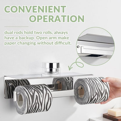 APLusee Double Toilet Paper Holder with Phone Shelf, 304 Stainless Steel Bathroom Tissue Hanger, Wall Mounted Dual Roll Paper Dispenser, Polished Chrome