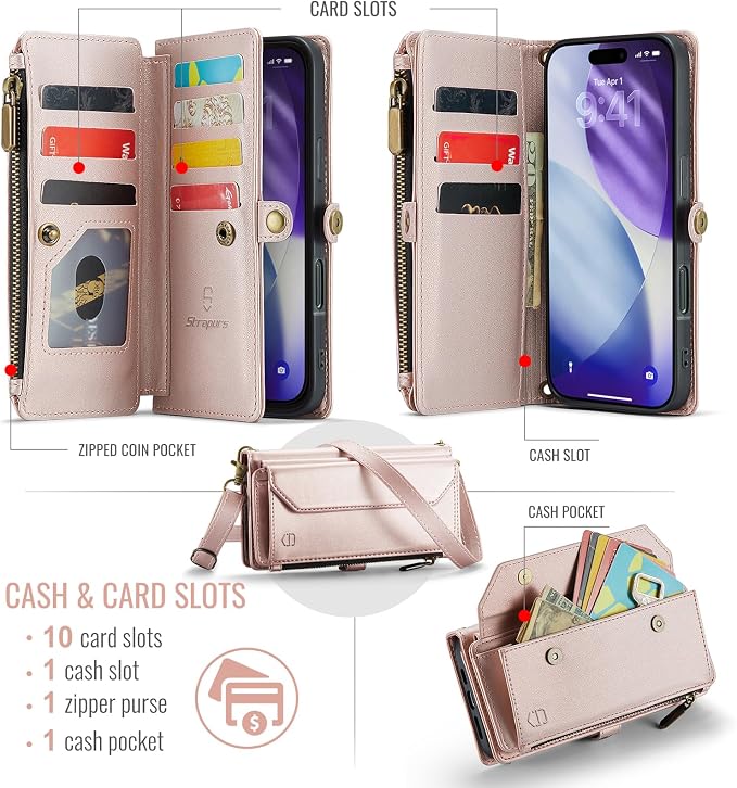 Strapurs Wallet Case Compatible with iPhone 17 Pro Max 6.9" RFID Blocking 10-Card Holder Soft PU Leather Magnetic Snap Shoulder Strap Zipper Pocket Phone Case Fit for iPhone 17 Pro Max - Rose Gold
