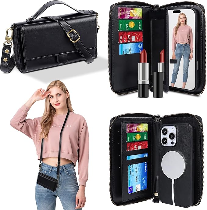 Lacass for iPhone 16e/17e Detachable Crossbody Wallet Case, Compatible with MagSafe Magnetic 2 in 1 RFID Blocking PU Leather Wallet Cover Card Holder Zipper Make Up Mirror (Black)