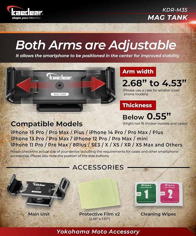 Kaedear Motorcycle Magnetic Phone Holder, Strong Neodymium Magnet, Aluminum, Stainless Steel Extension Arms, 360° Rotation, Scratch Protection, Mag Tank KDR-M35