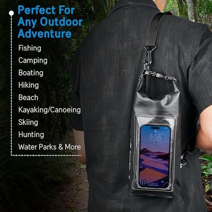 Pelican Marine IP68 Waterproof Dry Bag 2L - Roll Top Waterproof Backpack w/Phone Case/Pouch - Boating & Kayak Accessories - Essentials for Camping Swimming Beach Fishing Rafting Travel - Black
