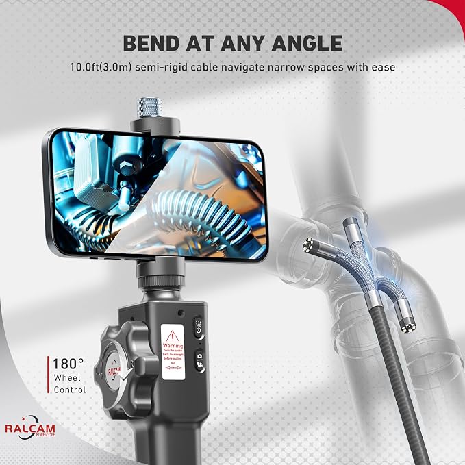 Ralcam Articulating Borescope, Industrial Endoscope Inspection Camera for Android and iOS Smartphone, 8.5mm HD 1080P with 10FT Semi Rigid Cable