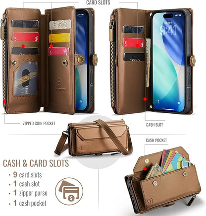 Strapurs Wallet Case Compatible with iPhone 17 6.3" RFID Blocking 9-Card Holder Soft PU Leather Magnetic Snap Shoulder Strap Zipper Pocket Phone Case Fit for iPhone 17 for Women - Brown