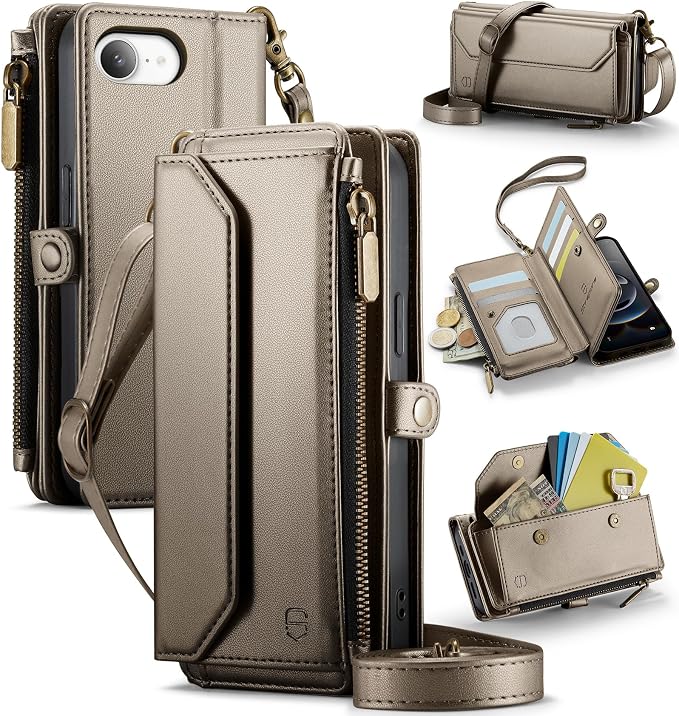 Strapurs Crossbody Wallet Case Compatible with iPhone 17e / iPhone 16e RFID Blocking 7-Card Holder PU Leather Magnetic Snap Shoulder Strap Zipper Pocket Phone Cases for iPhone 17e / 16e - Bronze Gold