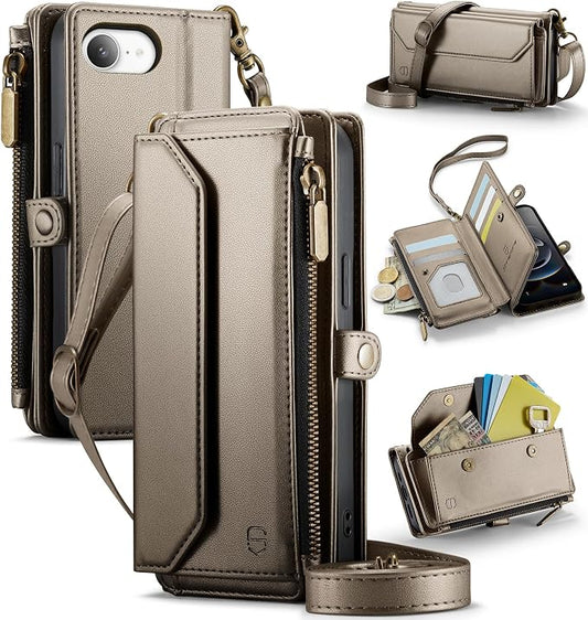 Strapurs Crossbody Wallet Case Compatible with iPhone 17e / iPhone 16e RFID Blocking 7-Card Holder PU Leather Magnetic Snap Shoulder Strap Zipper Pocket Phone Cases for iPhone 17e / 16e - Bronze Gold