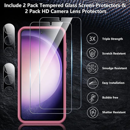 SPIDERCASE Designed for Samsung Galaxy S23 Case, [10 FT Military Grade Drop Protection], 2 Pack [Tempered Glass Screen Protector+Camera Lens Protector] Heavy Duty Shockproof Case, Light Pink