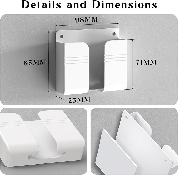 Wall Mounted Phone Holder with Adhesive, No-Drill Phone Stand for Charging, Built-in Cable Slot, Phone Holder for Bathroom, Bedroom, Kitchen, RV, Compatible with iPhone & Android, White