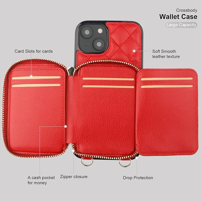 Bocasal Crossbody Wallet Case for iPhone 14 Plus, RFID Blocking PU Leather Zipper Handbag Purse Flip Cover, Kickstand Folio Case with Card Slots Holder Wrist Strap Lanyard 5G 6.7 Inch (Red)