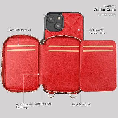 Bocasal Crossbody Wallet Case for iPhone 14 Plus, RFID Blocking PU Leather Zipper Handbag Purse Flip Cover, Kickstand Folio Case with Card Slots Holder Wrist Strap Lanyard 5G 6.7 Inch (Red)