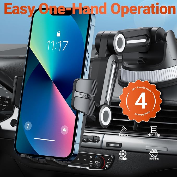 Ultra-Strong Suction Cup Phone Mount for Car - Anti-Shock & Noiseless Dashboard & Windshield Holder, 360° Adjustable Hands-Free Mount for All Smartphone (01)