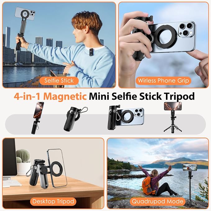 CloudValley Magnetic Mini Selfie Stick Tripod, 4-in-1 Pocket Size Phone Tripod with 360° Rotation, Choice Rechargeable Bluetooth Remote, Foldable Handle Grip, Compatible with MagSafe iPhone