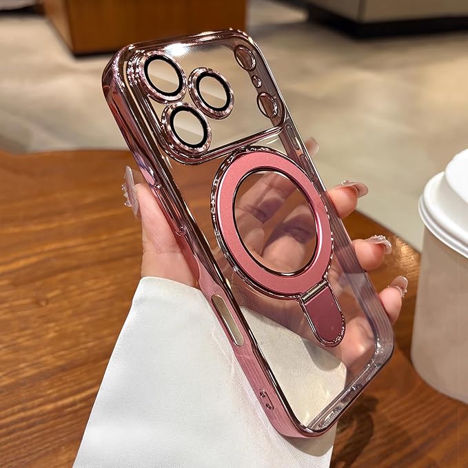 LXK Magnetic Invisible Stand for iPhone 17 Pro Case 6.3" Compatible with MagSafe, Military-Grade Protection, with Camera Protector, Clear Scratch-Resistant Back Cover for iPhone 17 Pro, Pink