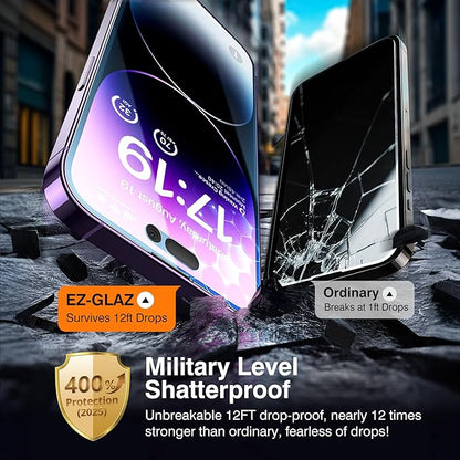 EZ-GLAZ- 4 Pack for iPhone 14 Pro Privacy Screen Protector[6.1"] With 2 Pack Camera Lens Protector, [Drop Protection] 9H Hardness Full Coverage Anti-Spy Tempered Glass Film, Easy to install