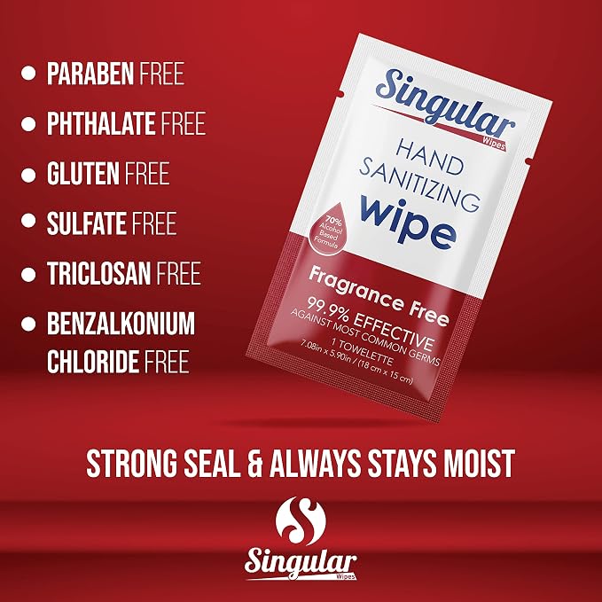 Hand Sanitizing Wipes Travel Size by Singular Wipes –100ct Individually Wrapped | Fragrance-Free, Moisturizing, 70% Isopropyl Alcohol Wipes | Travel, Home, Office, Daily Use