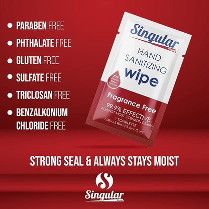 Hand Sanitizing Wipes Travel Size by Singular Wipes –100ct Individually Wrapped | Fragrance-Free, Moisturizing, 70% Isopropyl Alcohol Wipes | Travel, Home, Office, Daily Use