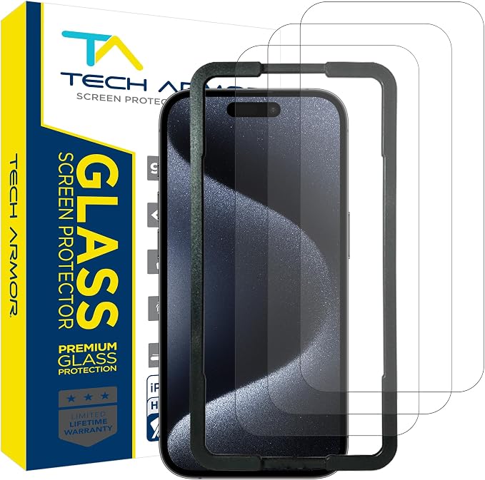 Tech Armor iPhone 15 Pro Max Screen Protector 6.7 Inch - Ballistic Tempered Glass, Case Friendly, Sensor Protection, HD, 9H Hardness, 3 Pack + Bonus Camera Lens Protector
