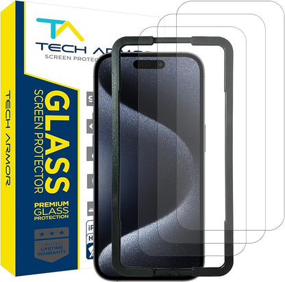 Tech Armor iPhone 15 Pro Max Screen Protector 6.7 Inch - Ballistic Tempered Glass, Case Friendly, Sensor Protection, HD, 9H Hardness, 3 Pack + Bonus Camera Lens Protector