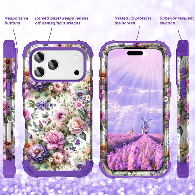 Hocase for iPhone 17 Pro Case 6.3", Heavy Duty Shockproof Protection Soft Silicone Rubber+Hard Plastic Bumpers Hybrid Protective Case for iPhone 17 Pro 2025 - Purple Pink Flowers