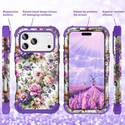 Hocase for iPhone 17 Pro Case 6.3", Heavy Duty Shockproof Protection Soft Silicone Rubber+Hard Plastic Bumpers Hybrid Protective Case for iPhone 17 Pro 2025 - Purple Pink Flowers