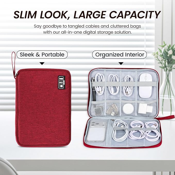 Large Slim Cable Organizer Travel Case, Single-Layer Electronic Accessories Pouch for Chargers, Cords, Power Bank, Mouse and SD Cards, 12.6 x 9.45 x 1.57 Inches