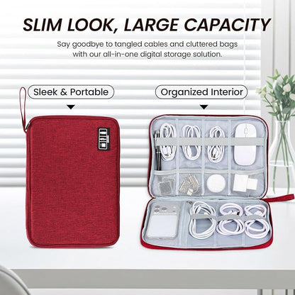 Large Slim Cable Organizer Travel Case, Single-Layer Electronic Accessories Pouch for Chargers, Cords, Power Bank, Mouse and SD Cards, 12.6 x 9.45 x 1.57 Inches