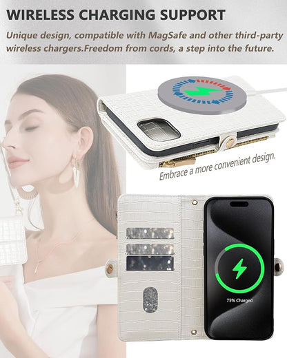 Crossbody Wallet Case for iPhone 13 with Mirror, Wrist Strap, Zipper Purse Magnetic Flip RFID Blocking Card Holder, Wireless Charging, PU Leather Shockproof 6.1" Women (White)