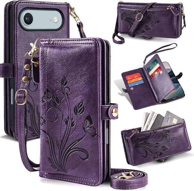 Lacass for iPhone 17 Air Case Wallet,[Cards Theft Scan Protection] Card Holder Zipper Leather Flip Cover Crossbody Wrist Strap with Stand (Floral Dark Purple)